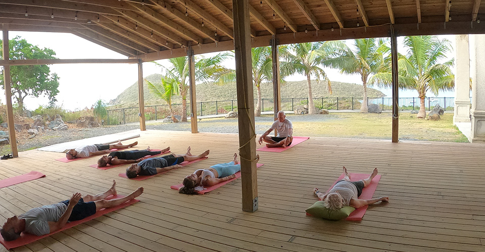 A group of people performing Yoga